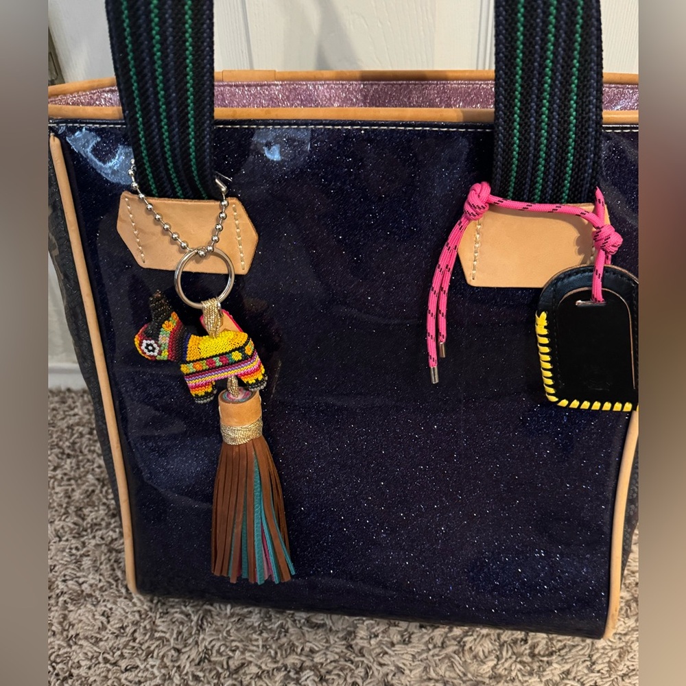 Consuela Blue and Tan Tote Bag with Playful Charms
